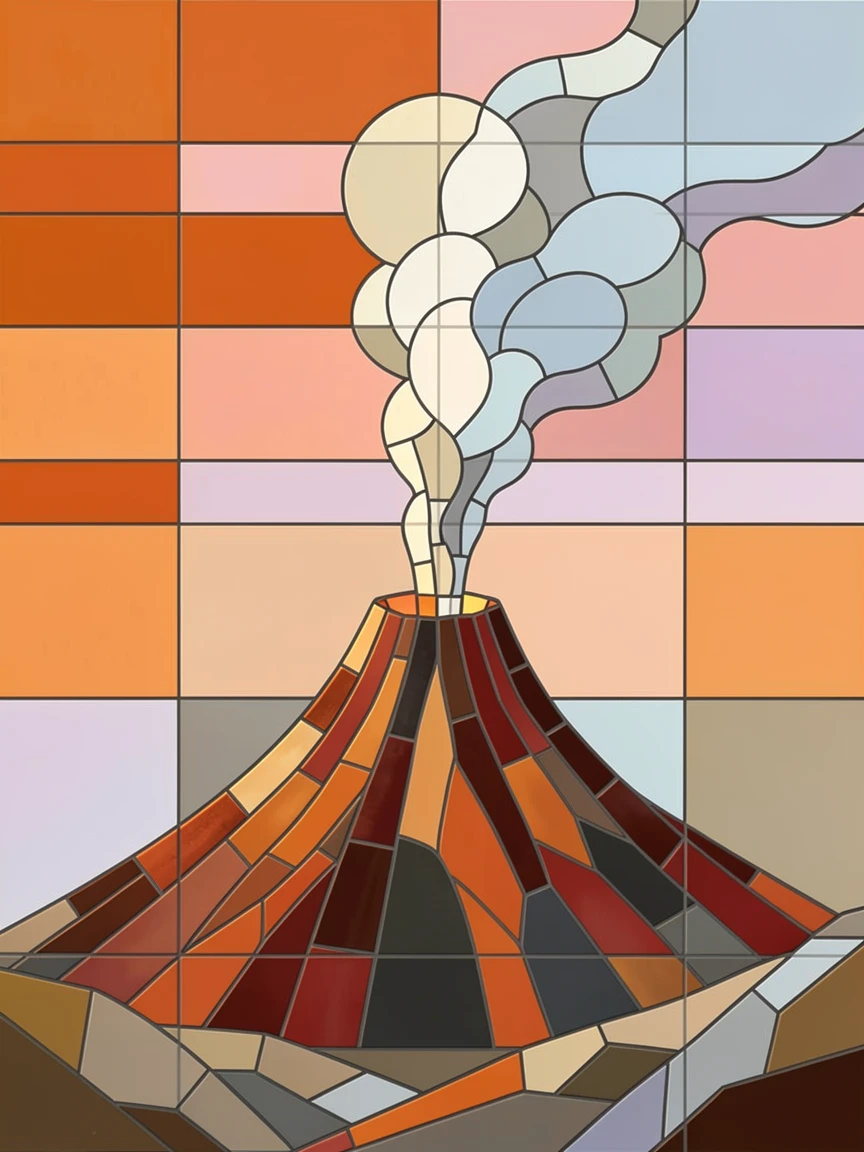 An active volcano releasing a soft plume of smoke against a orange sky, beneath a sky painted in pastel sunrise hues.