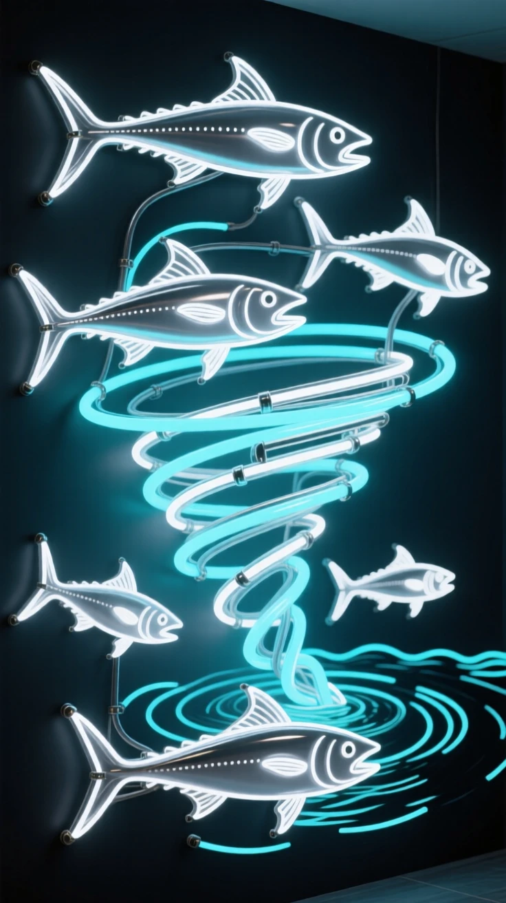 A school of barracuda forming a swirling silver tornado.