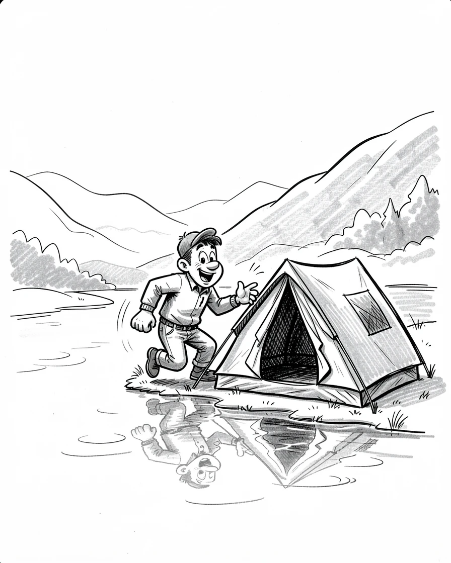 A camper setting up a tent beside a lake through a misty valley at dawn.