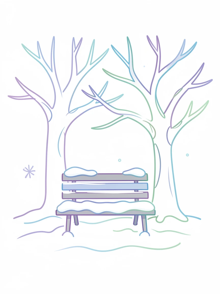 A quiet snow-covered bench beneath a bare winter tree in a park.