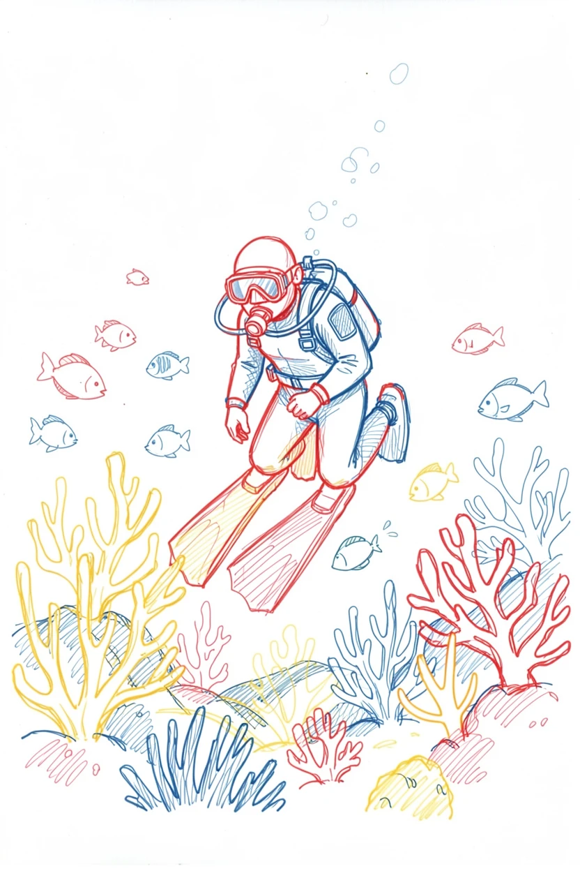 A scuba diver exploring a vibrant coral reef teeming with fish