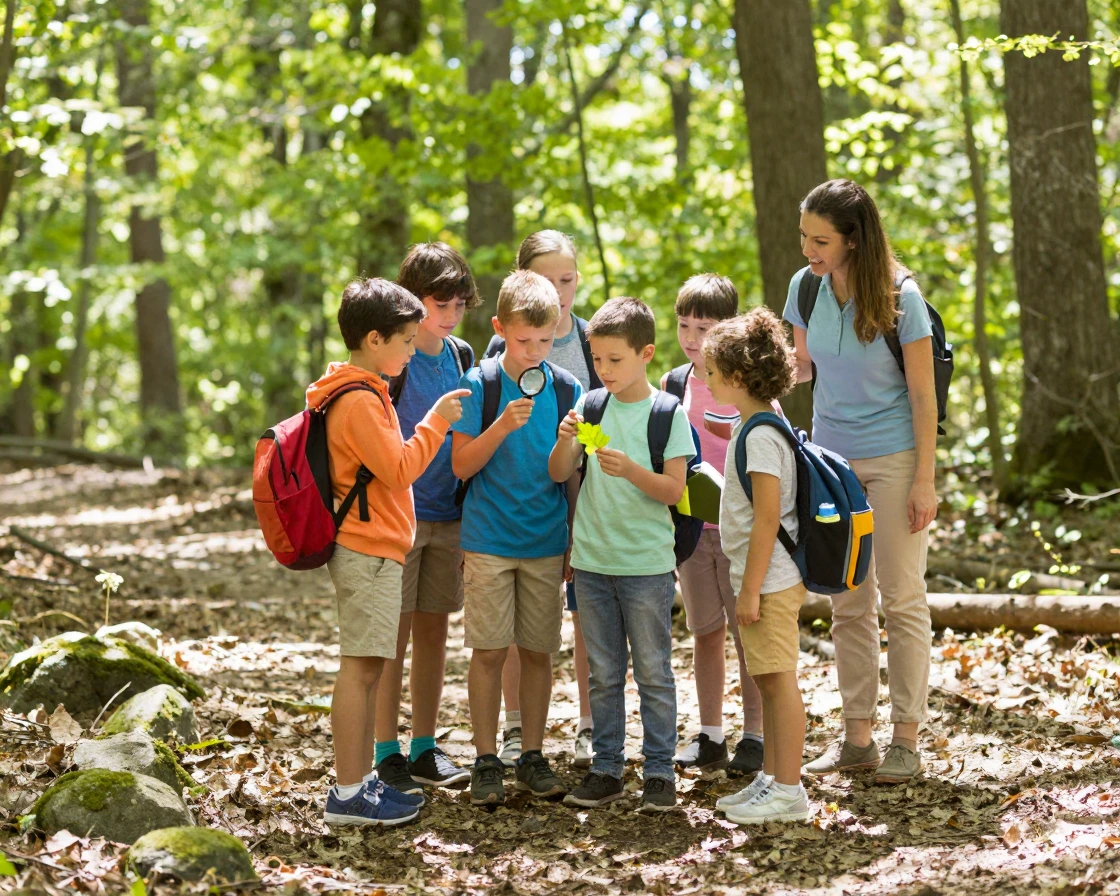 A group of school children on a nature walk field trip