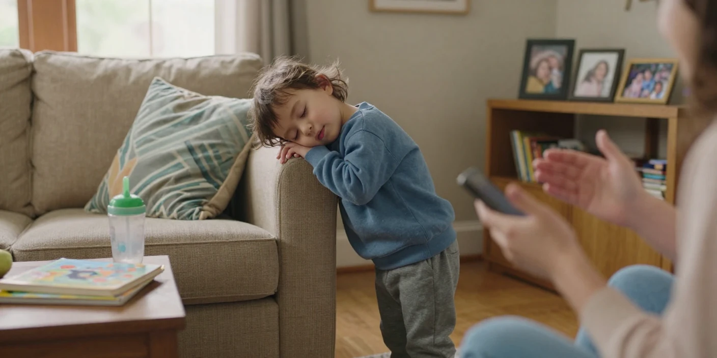A toddler falls asleep standing up, leaning against a couch mid-conversation.