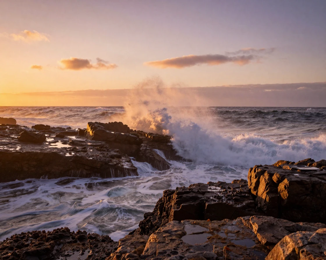 A rugged coastline battered by crashing waves in the golden light before sunset