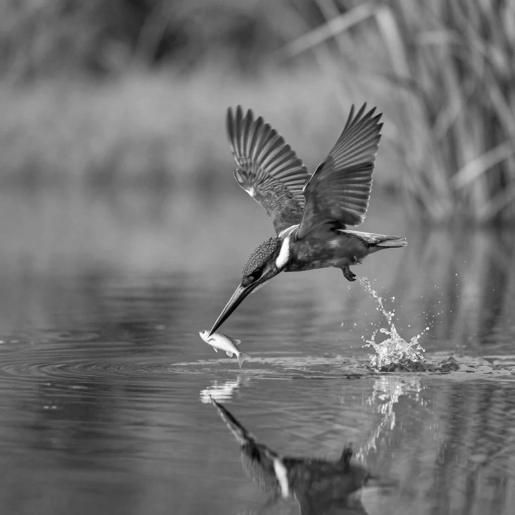 A kingfisher dives headfirst to catch a fish beside a tranquil lagoon.
