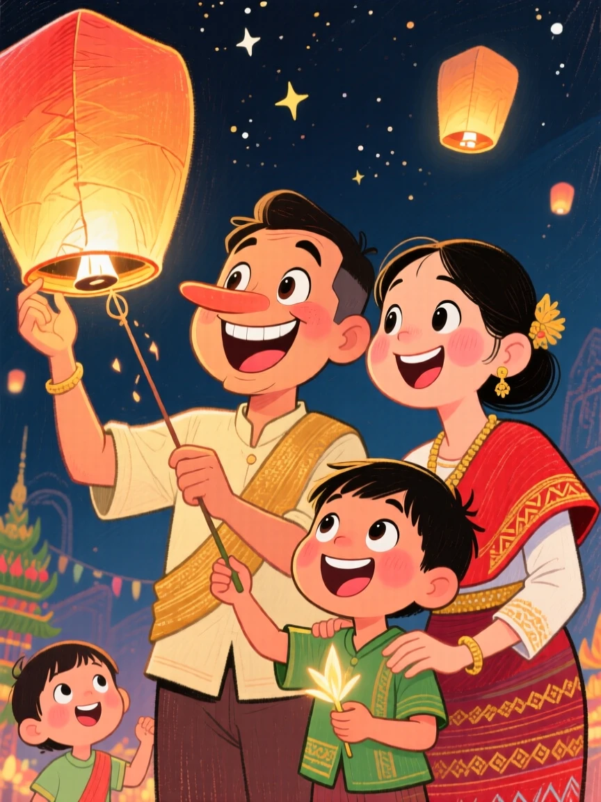 A family lighting sky lanterns together during a Thai Loy Krathong festival.
