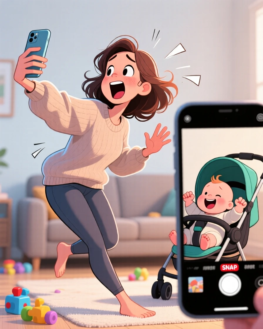 A funny expressive moment showing a new mom attempting a selfie that goes hilariously wrong, with arms flailing for balance.