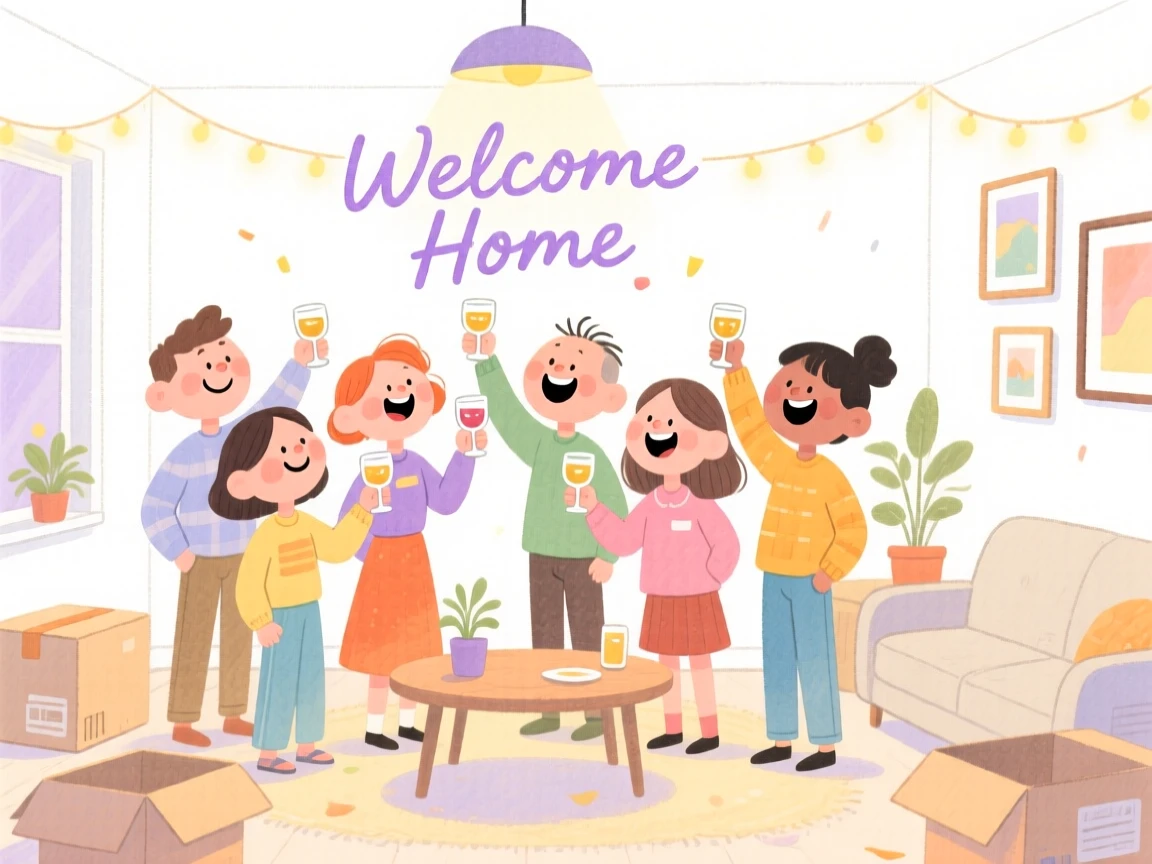 A joyful celebration scene of a housewarming party with friends toasting in a new home, glowing with soft festive light