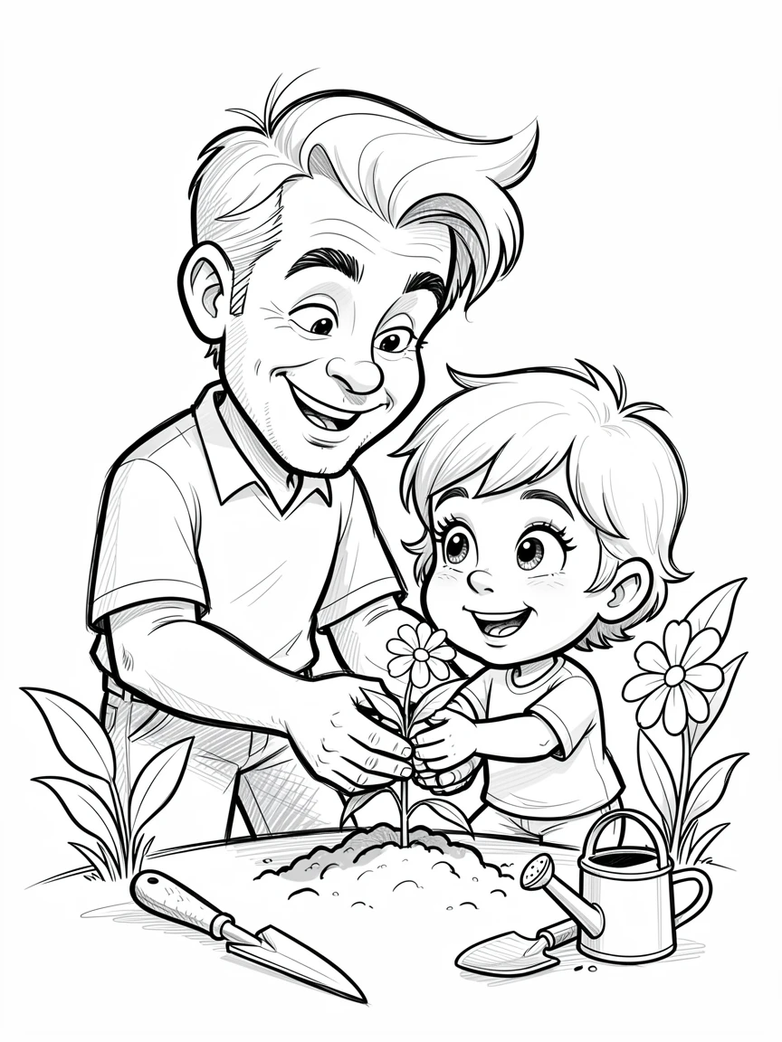 [Family & Relationship Moments] Heartwarming scene of a tender father and child planting a garden together, radiating love and warmth