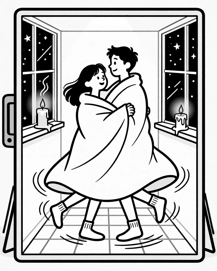 A couple stargazing wrapped in one oversized blanket, spinning slowly in socked feet across the tile, set inside a cozy photo booth. A half-melted candle flickers on the windowsill. There's a tender sweetness beneath all the silliness.