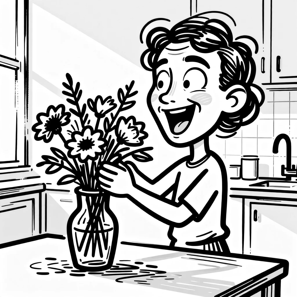 A person arranging fresh flowers in a vase at a sunlit kitchen table.