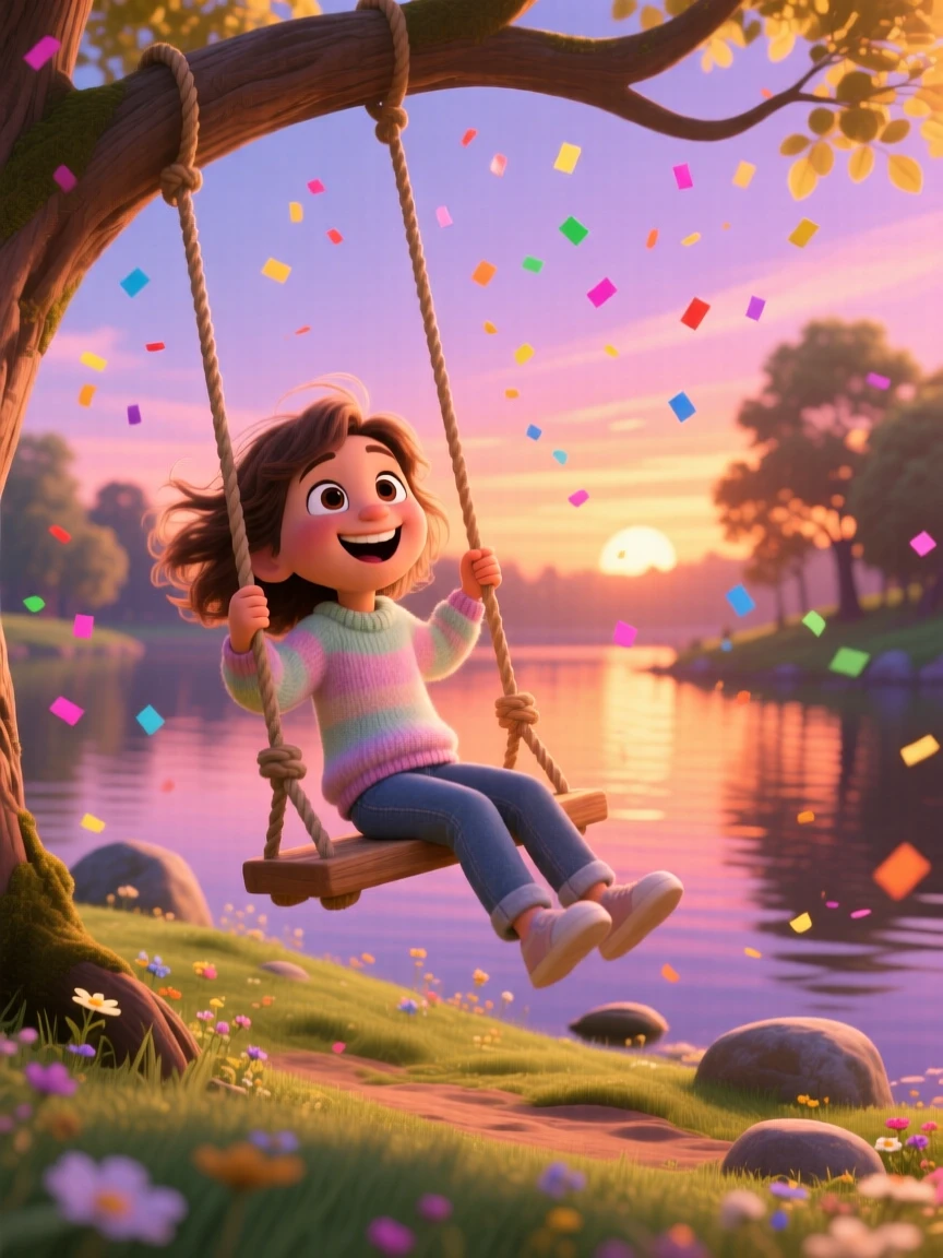 A young girl laughing on a swing unfolds beside a calm lake at sunset, with confetti drifting through the air. The mood is triumphant, warm, and full of love.
