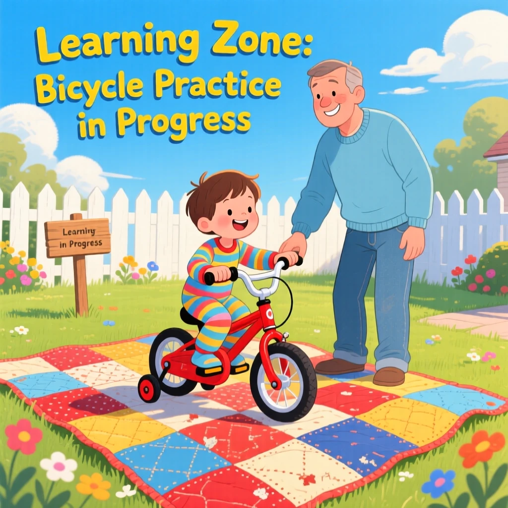 A young child in pajamas spends the afternoon learning to ride a bicycle with his kind uncle, with a homemade quilt spread beneath them.