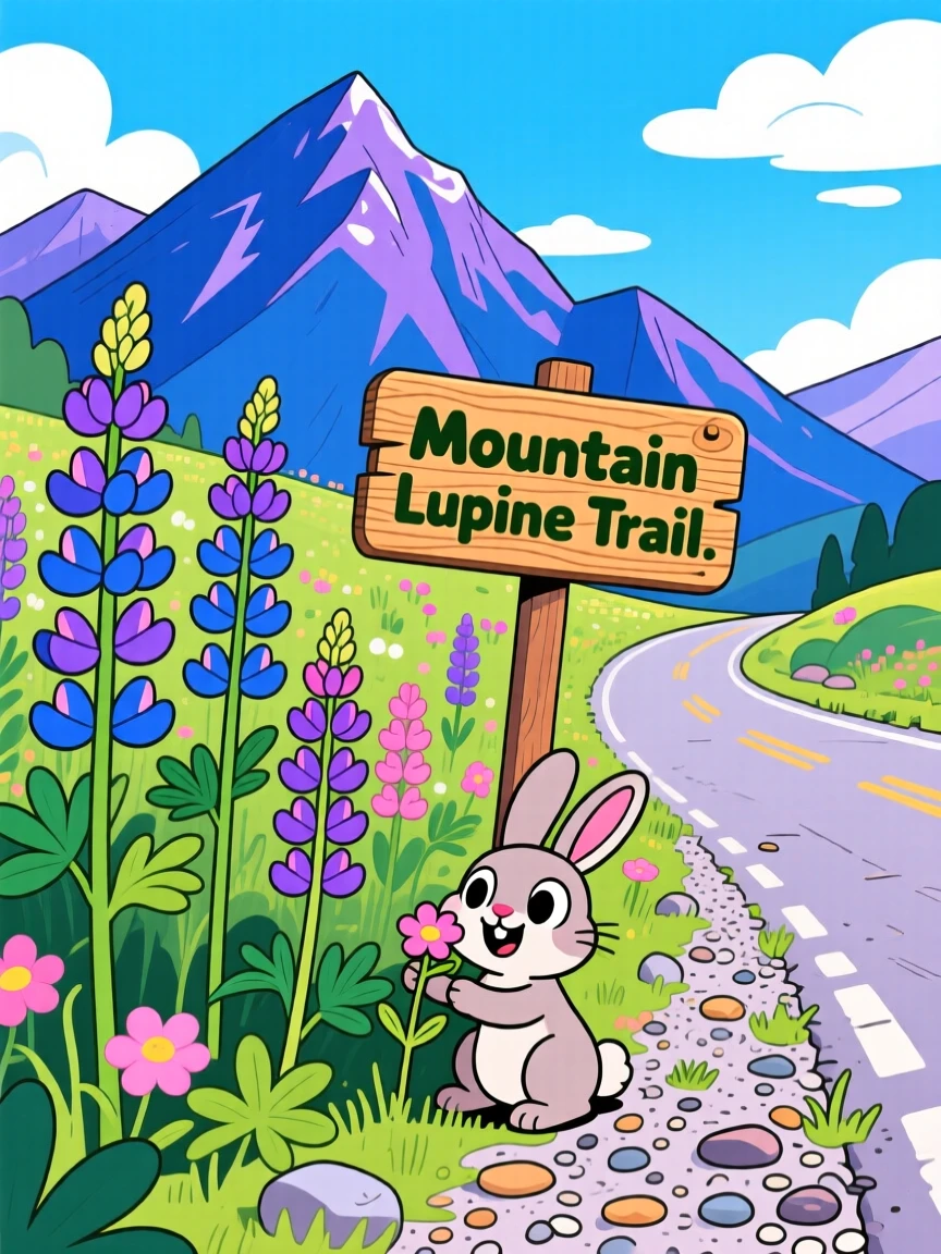 A field of wild lupines blooming along a mountain roadside.
