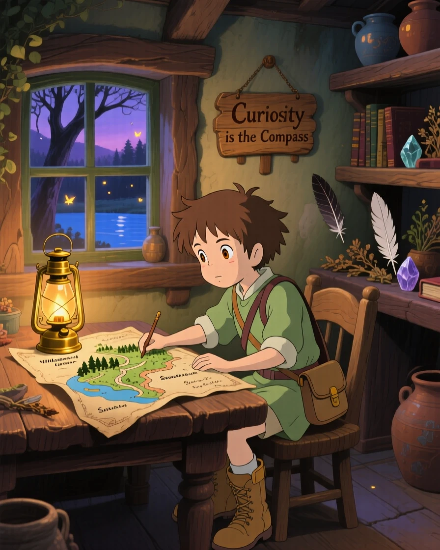 A young adventurer studying an old map by lantern light, the moment charged with curiosity.