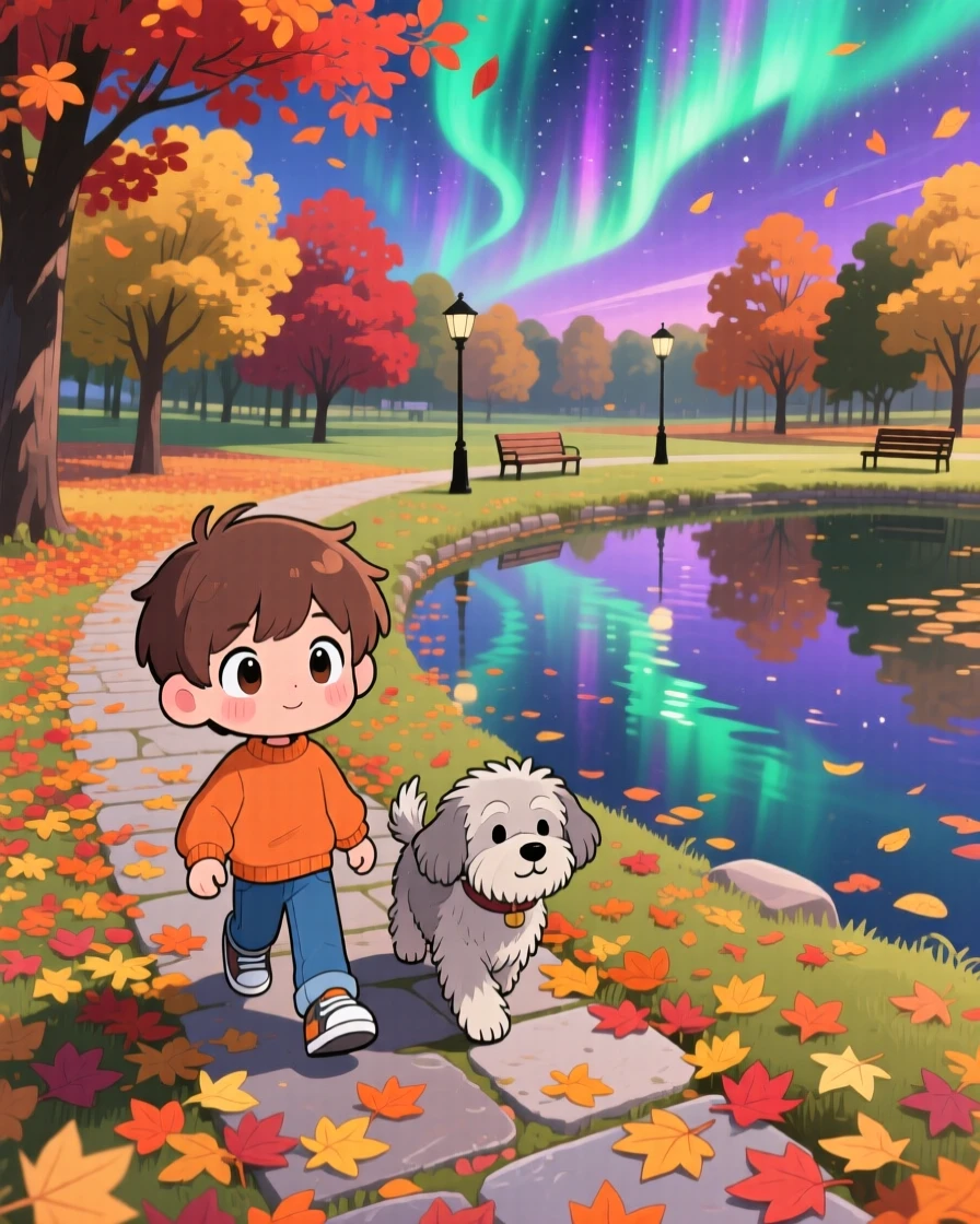 Bird's-eye view: a boy and his old dog, walking together through fallen leaves, set against a quiet autumn park beneath swirling aurora-lit skies, with shimmering reflected light off water and a mood of quiet contentment.