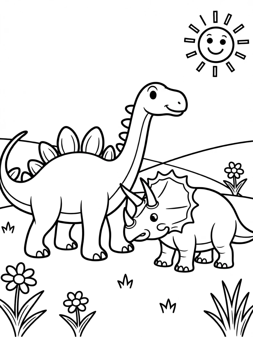 A Stegosaurus and a Triceratops sharing a peaceful meadow