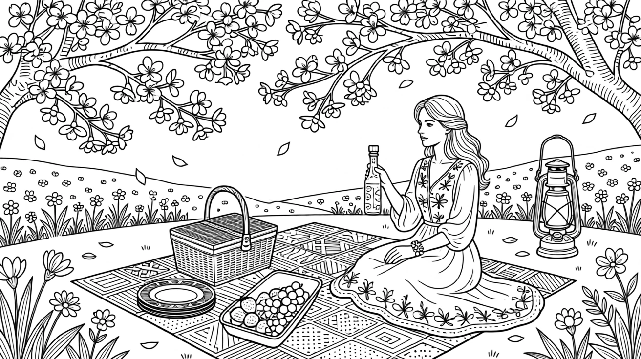 A springtime blossom viewing picnic scene beneath a canopy of pink petals.