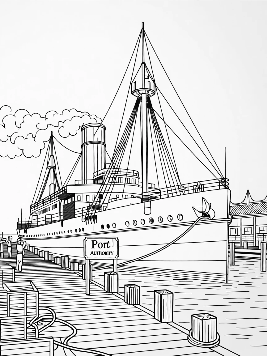 A vintage steam ship docked at a busy port