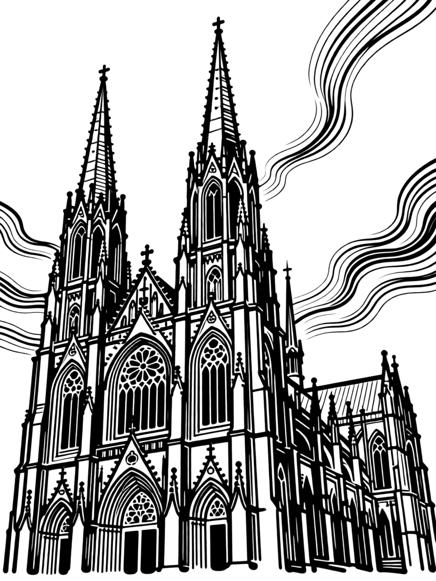 A grand cathedral with soaring Gothic spires against a dramatic sky.