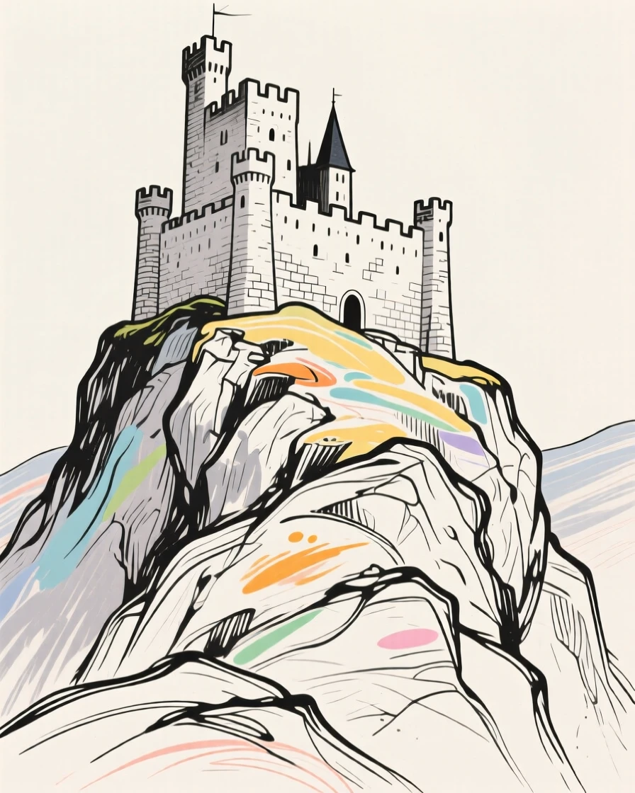 A medieval castle perched dramatically atop a rocky hillside.