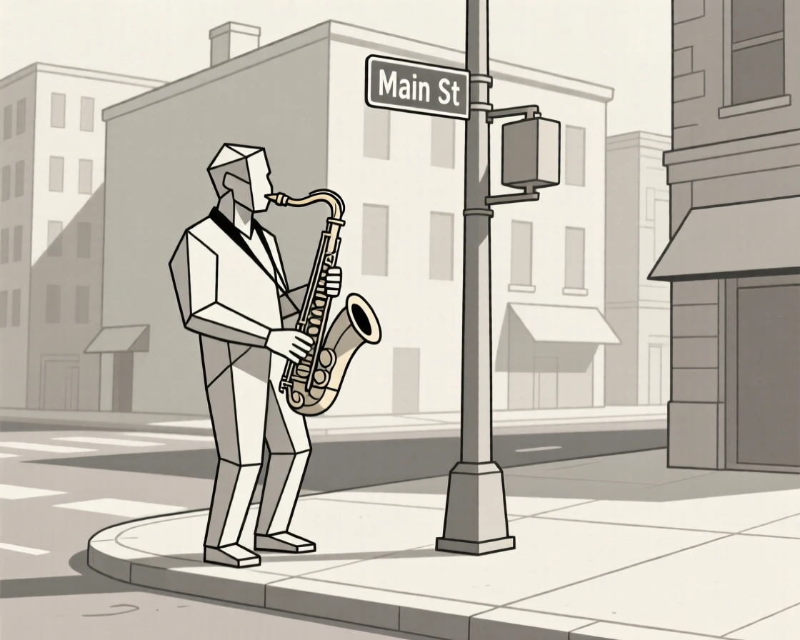 A street musician playing saxophone on a city corner