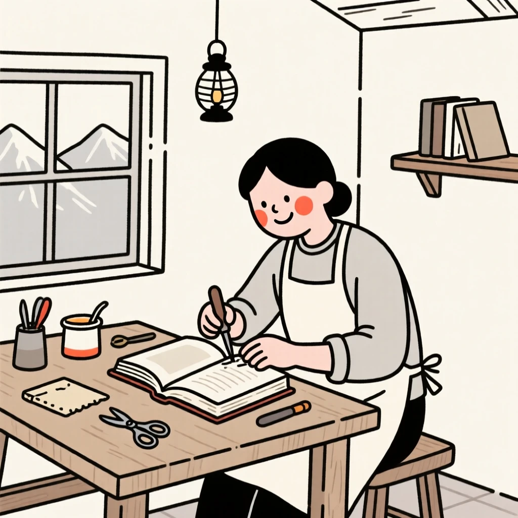 A bookbinder repairing an old volume, smiling warmly, in a mountain cabin.