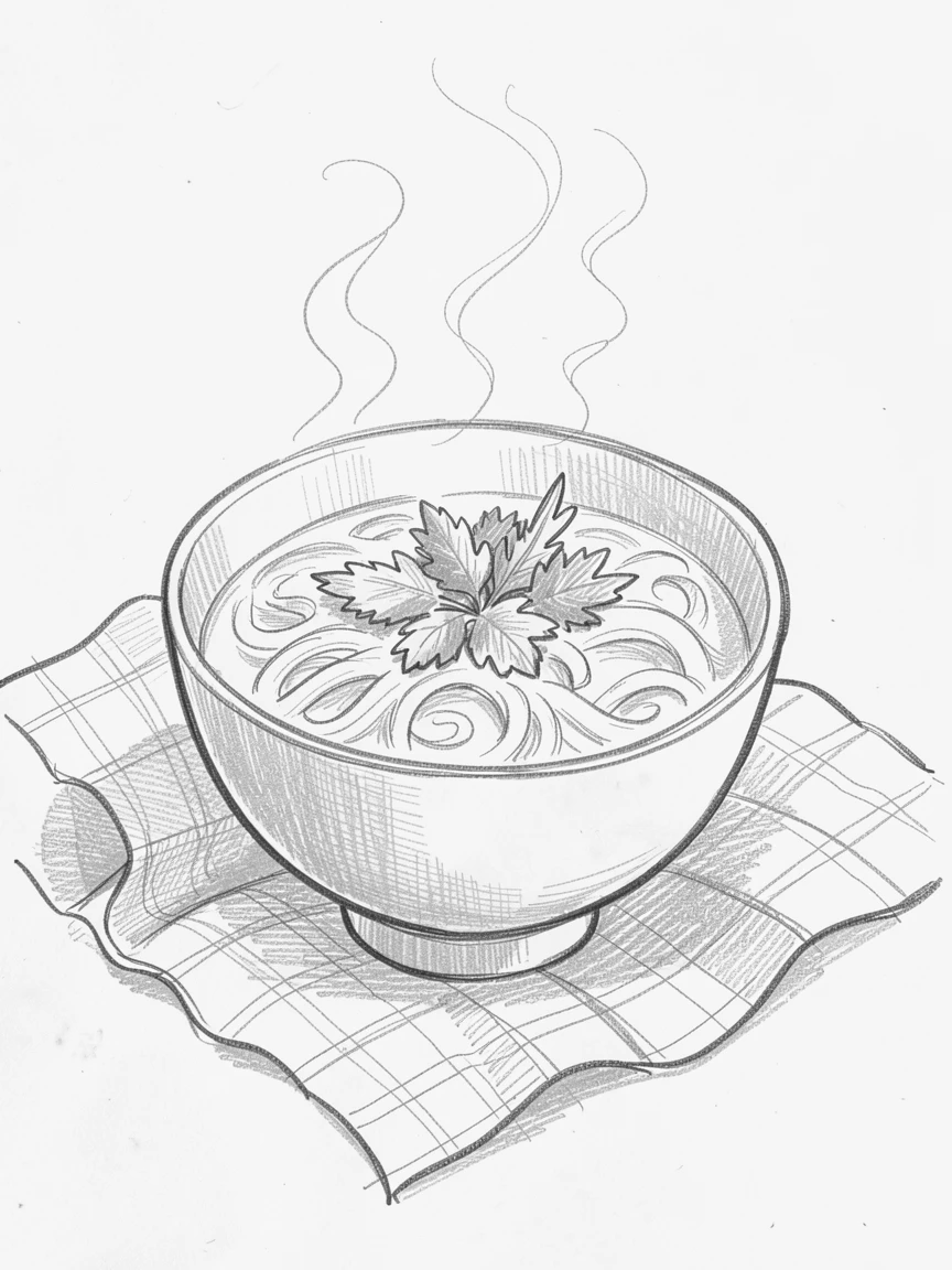 An appetizing still life of a bowl of steaming ramen with fresh herbs on a weathered picnic blanket, with a warm, inviting glow.