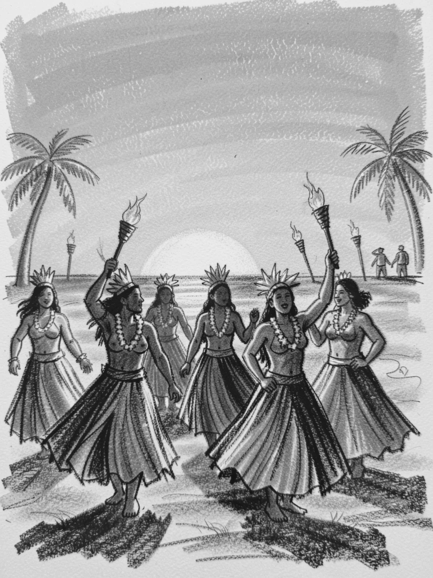 A Hawaiian luau with hula dancers at sunset, under a clear blue midday sky.