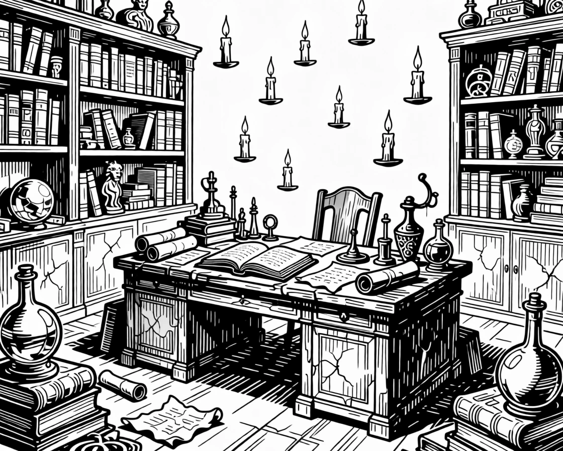 A wizard's study filled with floating candles and shelves of ancient artifacts.