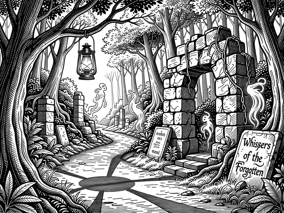 A lantern-lit path through an enchanted forest in a valley scattered with ancient ruins, with shadows shaped like whispered stories, forming a richly imaginative fantasy scene.