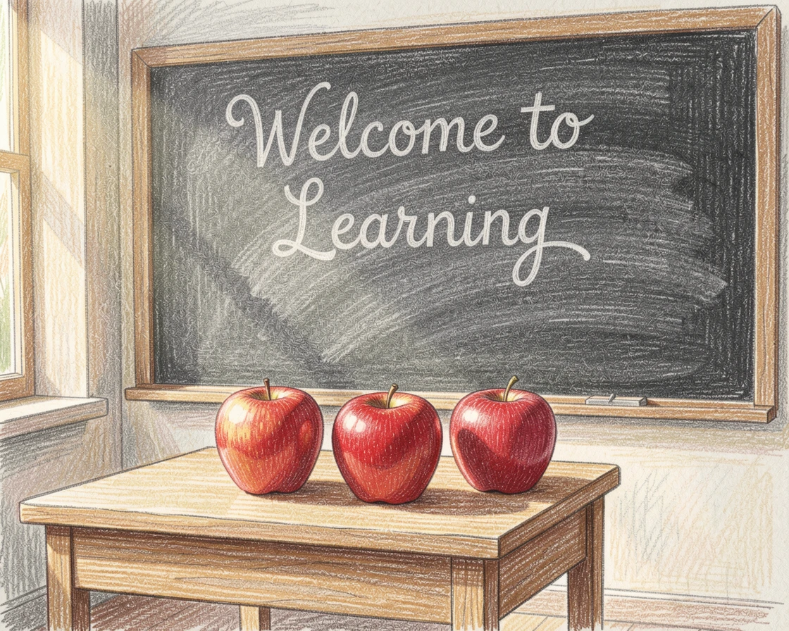 A chalkboard classroom scene with cursive handwriting and apples, with soft, natural light bringing warmth to every detail, capturing a quiet story that lingers with the viewer.