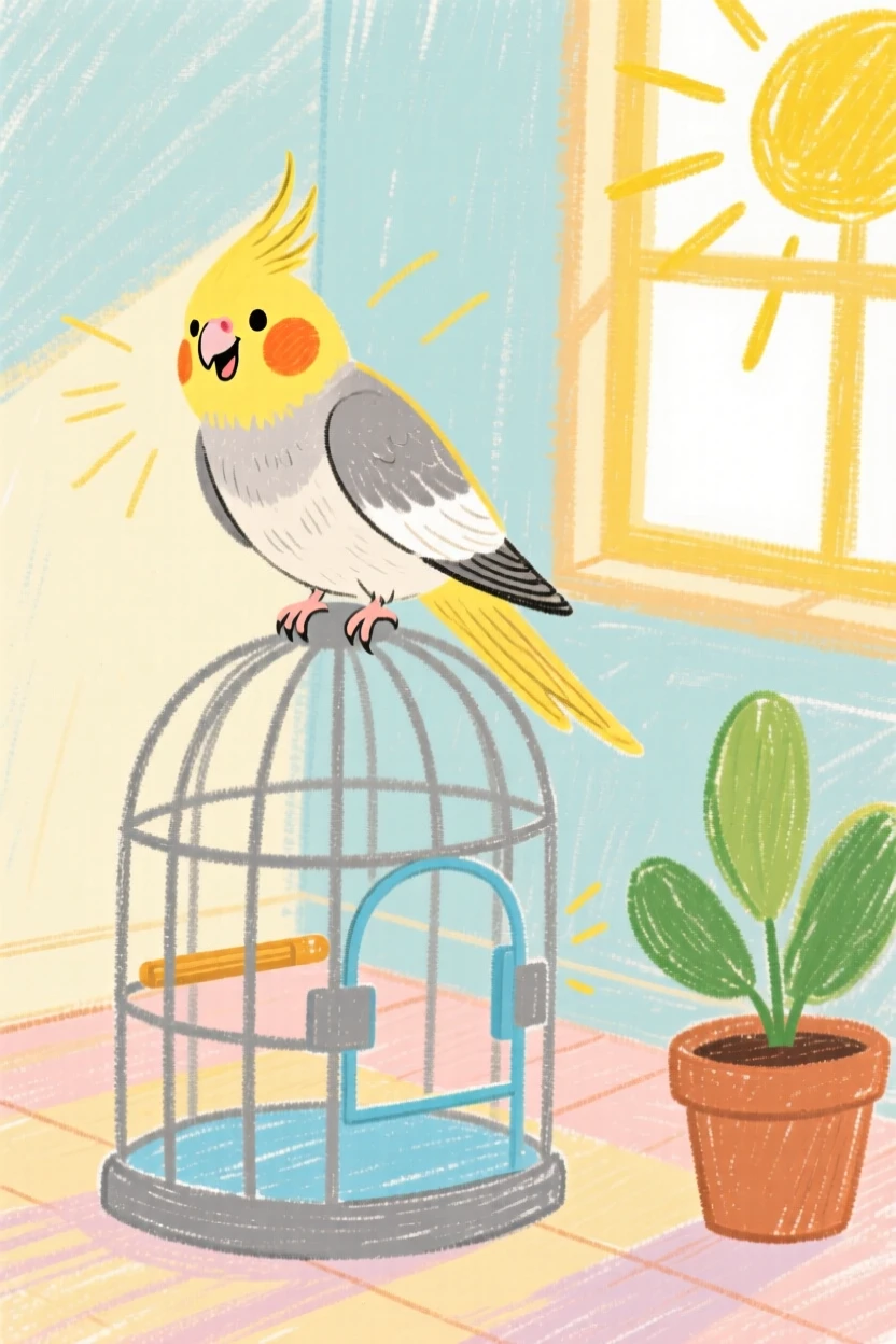 A cockatiel whistling atop an open birdcage in a sunny room.