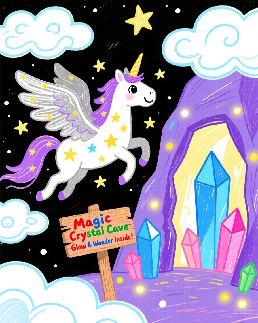 A starlight pegasus soaring through clouds near a crystal cave glowing with soft light.