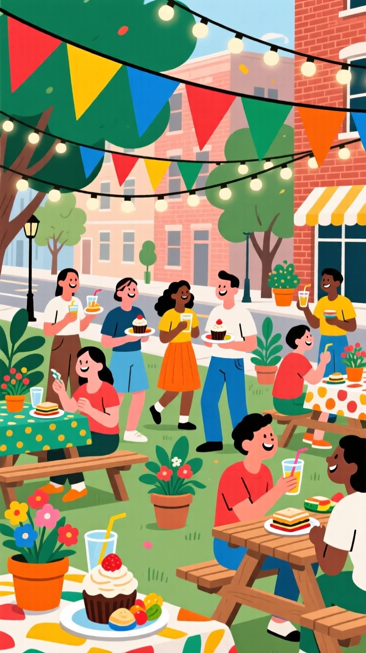 A festive block party with colorful bunting strung overhead, set within a beautifully decorated outdoor venue, framed to highlight the excitement of the special occasion, with a joyful sense of togetherness and celebration.