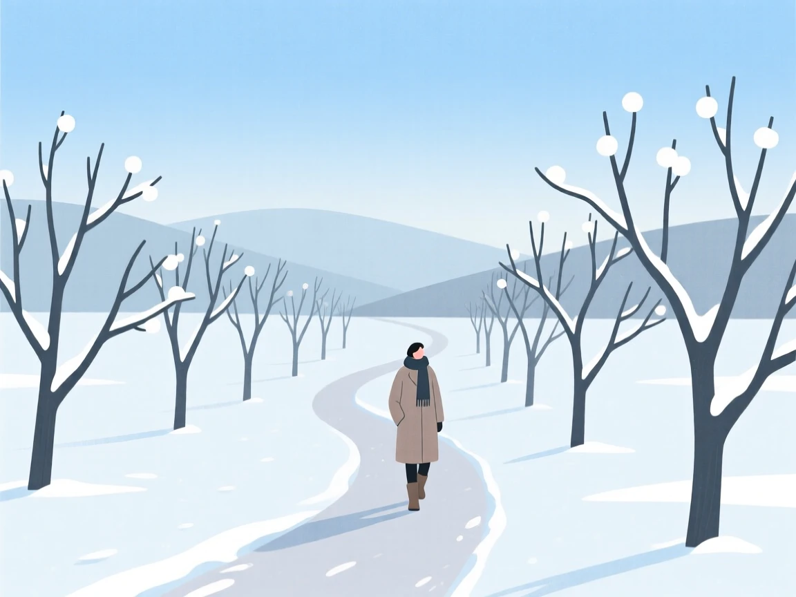 A winter scene of a quiet morning walk in an orchard.