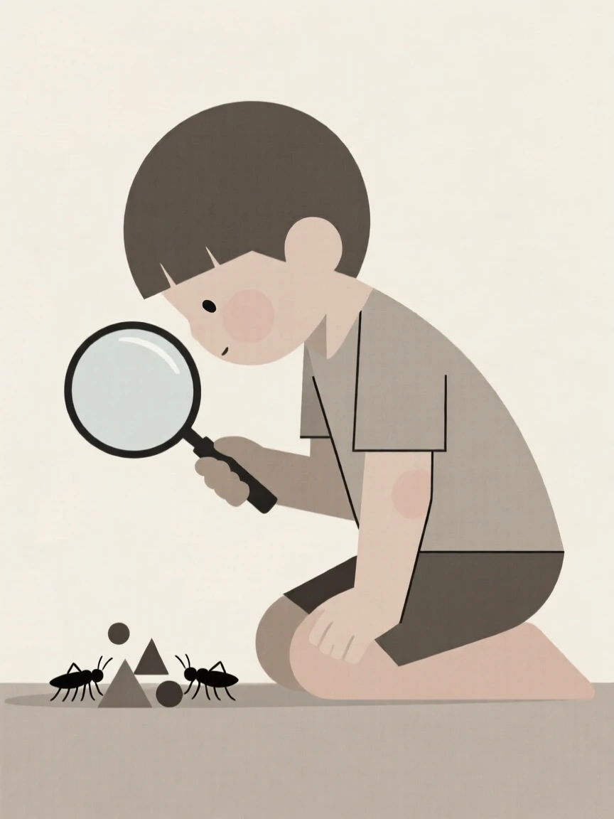 A child using a magnifying glass to study insects