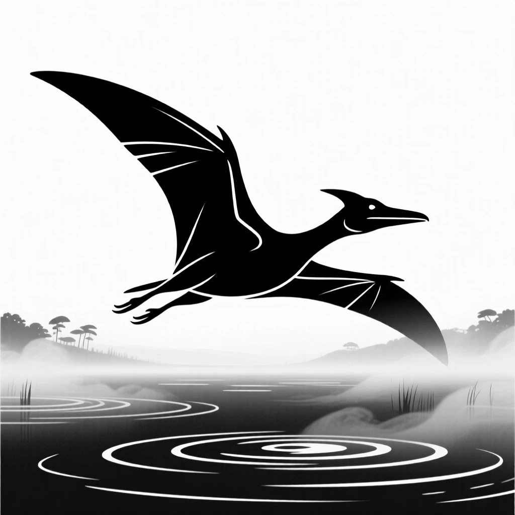 A Pterosaur gliding over a misty prehistoric lake.