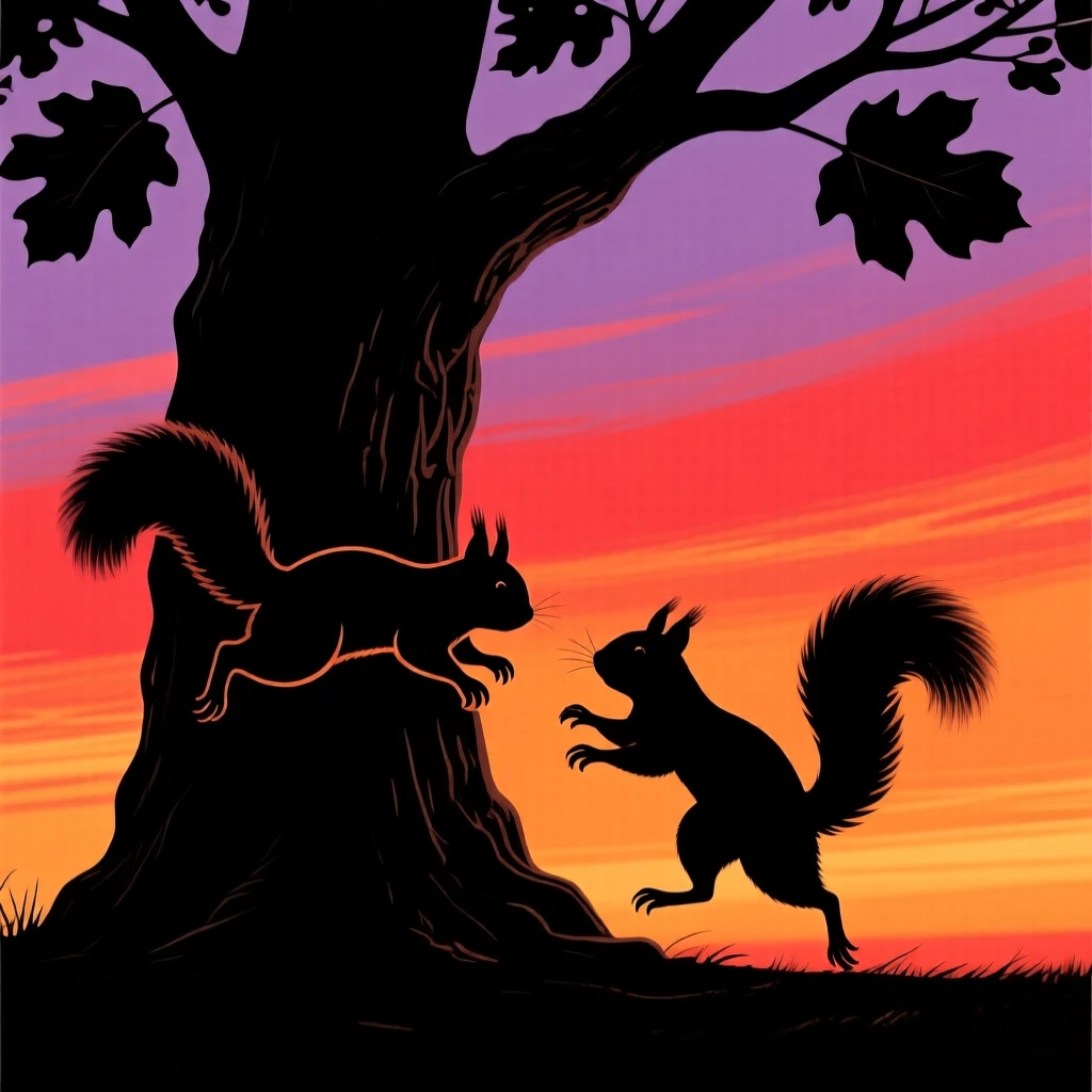 A pair of squirrels chasing each other around the trunk of an oak tree.