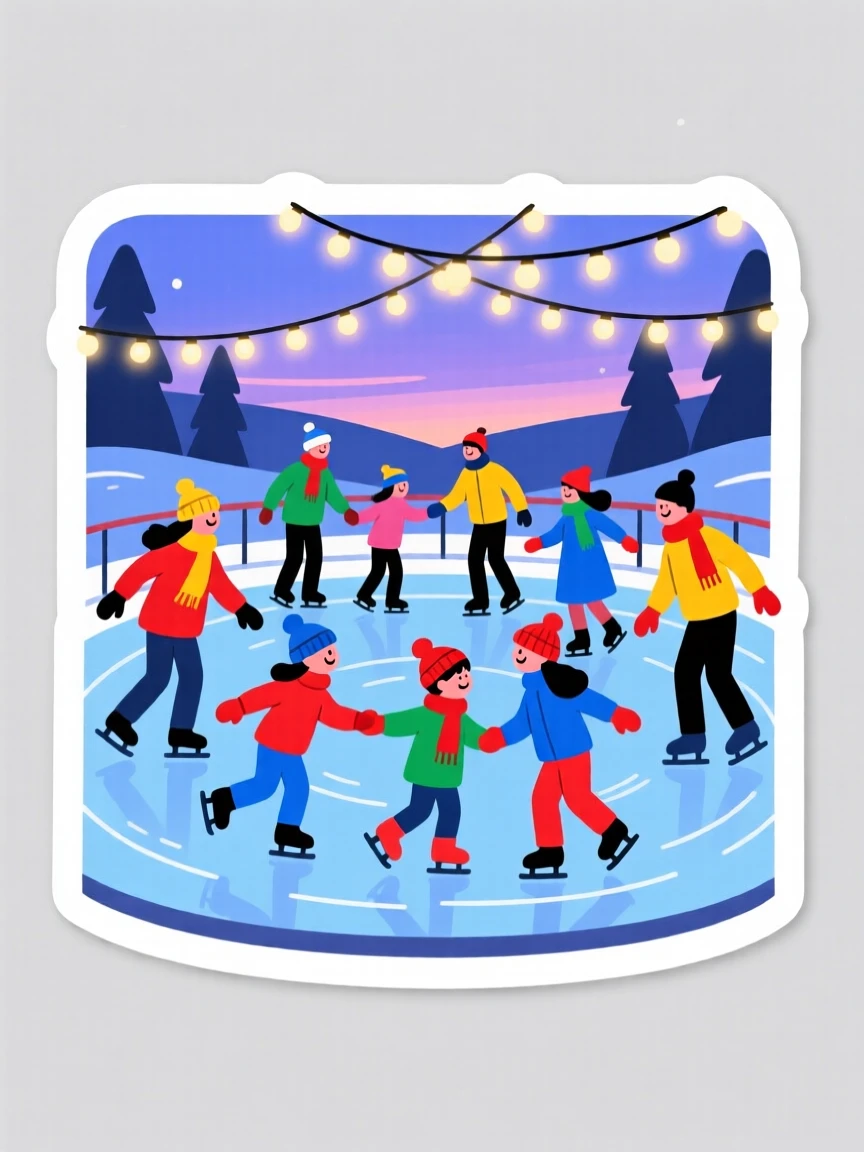 A brightly colored winter ice skating rink with twinkling string lights, glowing softly in the evening light, at a joyful family gathering.