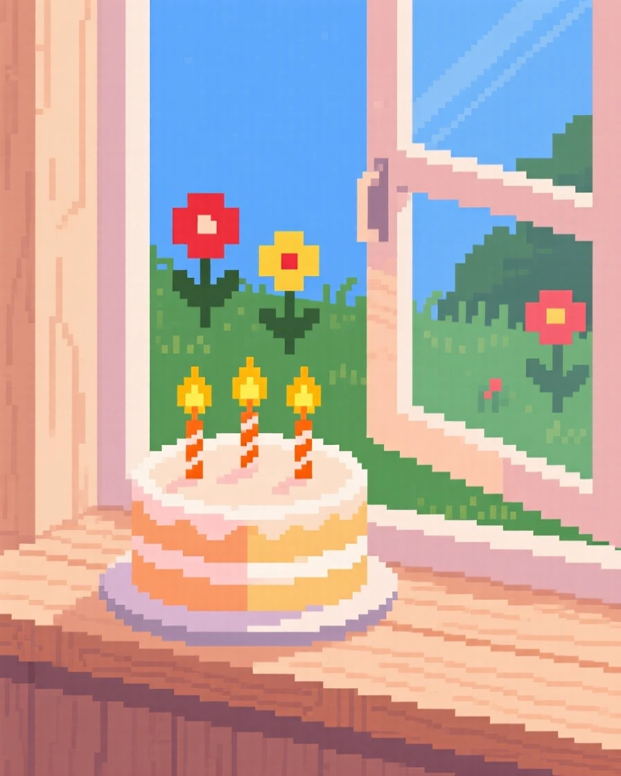 A birthday cake with lit candles placed on a windowsill to cool, beside an open window overlooking a garden.