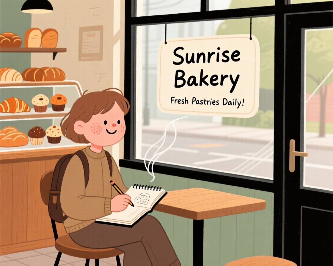 A traveler sits by the window of a small family bakery, sketching in a notebook as the smell of warm pastries fills the air.