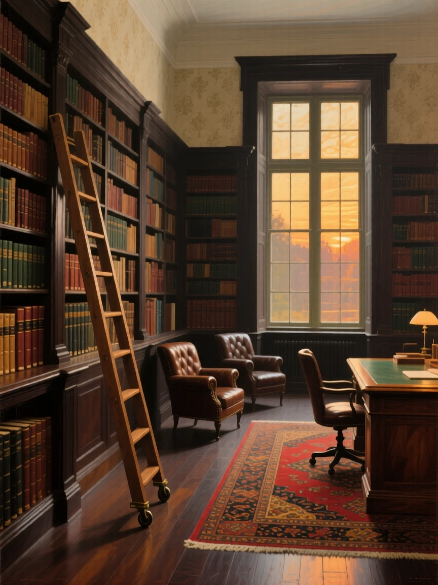 A panoramic view of a cozy library with towering shelves and a rolling ladder, sunlight streaming through tall windows, in the 1920s, at dusk.