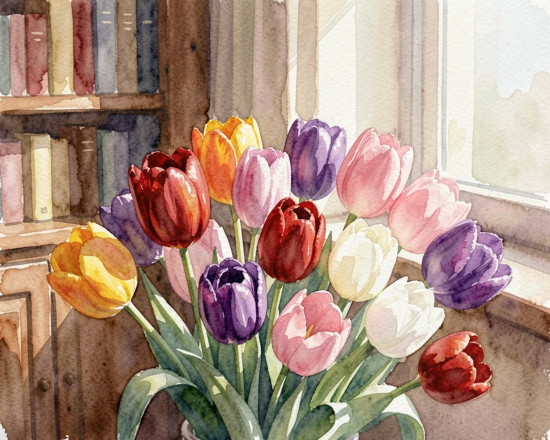 A bed of tulips in a rainbow of colors in the corner of a cozy study with soft light streaming across the blooms.