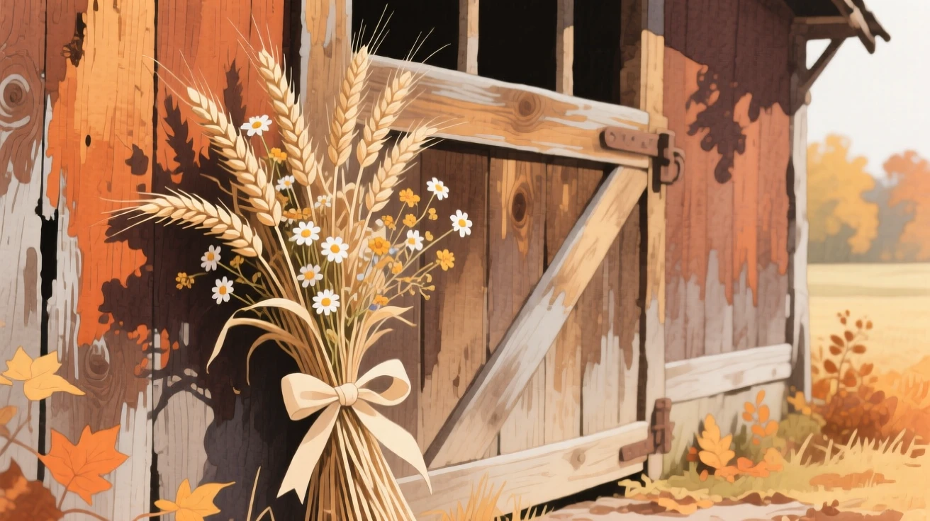 A bundle of dried wheat and wildflowers tied with ribbon leans against a rustic barn door in autumn