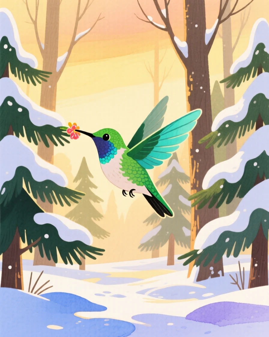 A hummingbird sipping nectar playing joyfully in a snowy pine forest at the golden hour.