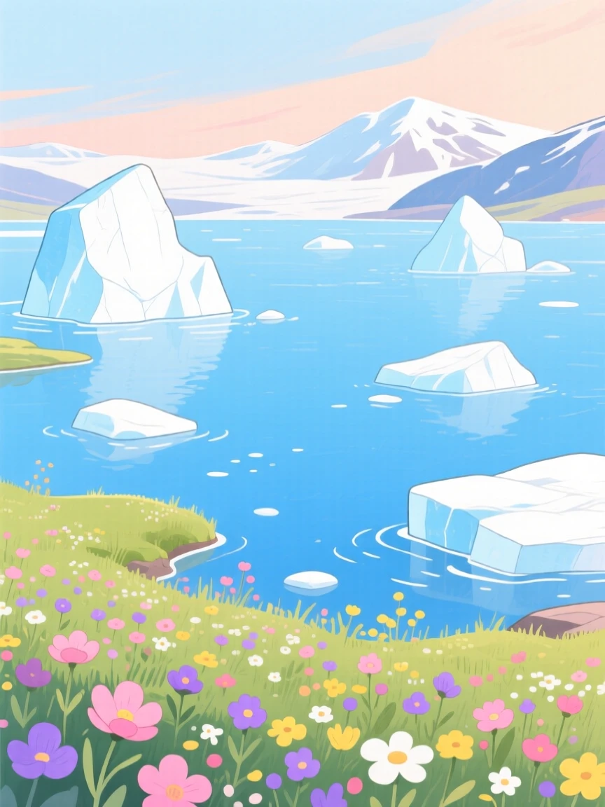 A glacier lake with icebergs floating in blue water, with wildflowers scattered across the foreground, evoking peaceful serenity and awe.