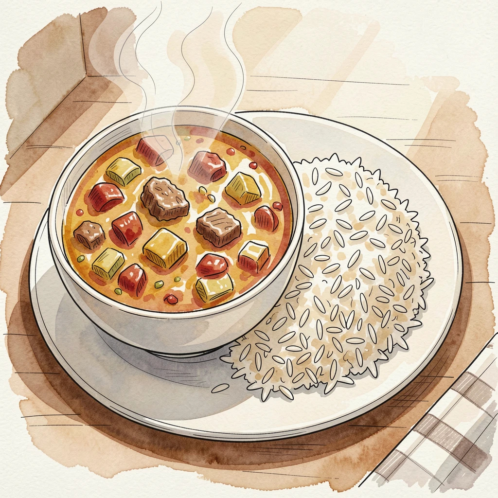 A bowl of vibrant curry served with steaming basmati rice, a cozy, homemade atmosphere filling the scene.