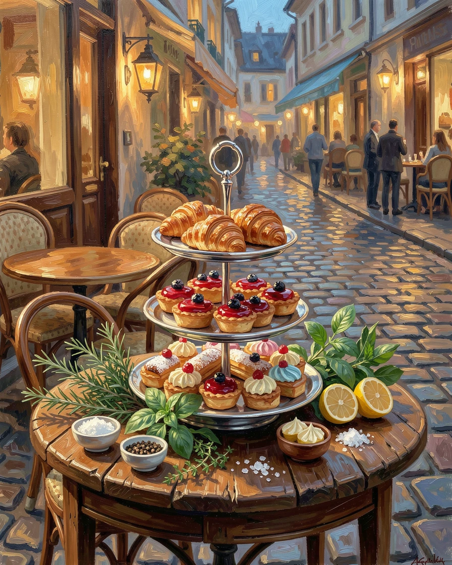 At an outdoor cafe table overlooking a cobblestone street, a tiered stand of delicate pastries and cakes, fresh herbs and scattered ingredients nearby, during a cozy evening gathering.