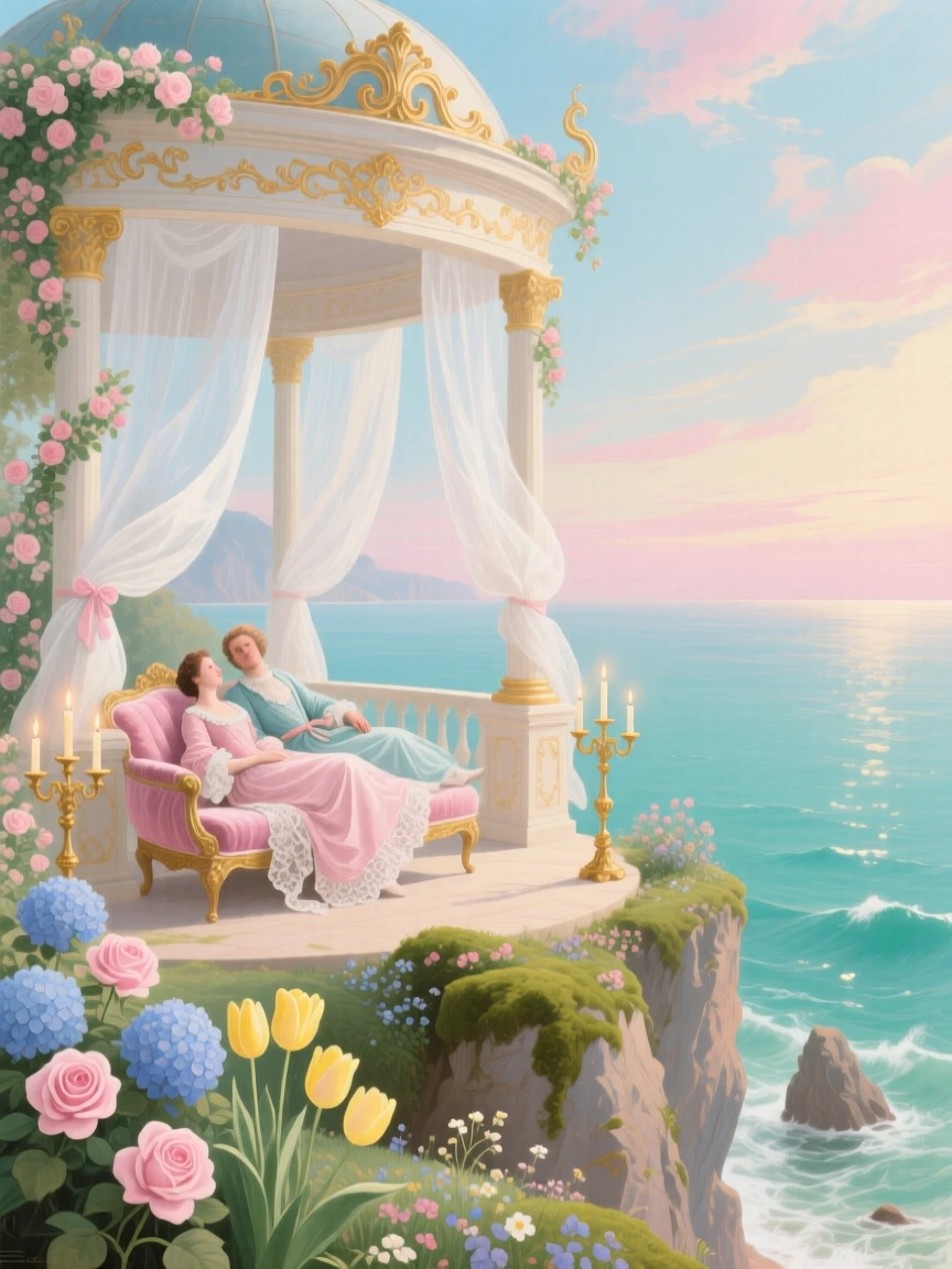 A cliffside pavilion above a turquoise sea with curtains moving in the breeze  